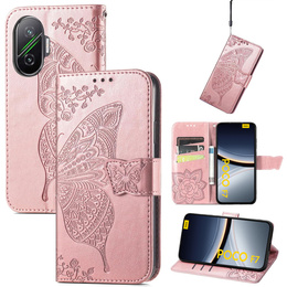 Etui z klapką do Xiaomi Poco F7, Butterfly, różowe rose gold