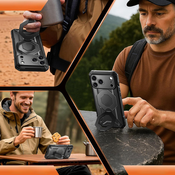 Etui do iPhone 17 Pro, Tongate MagSafe grey Ring Stand, black/transparent