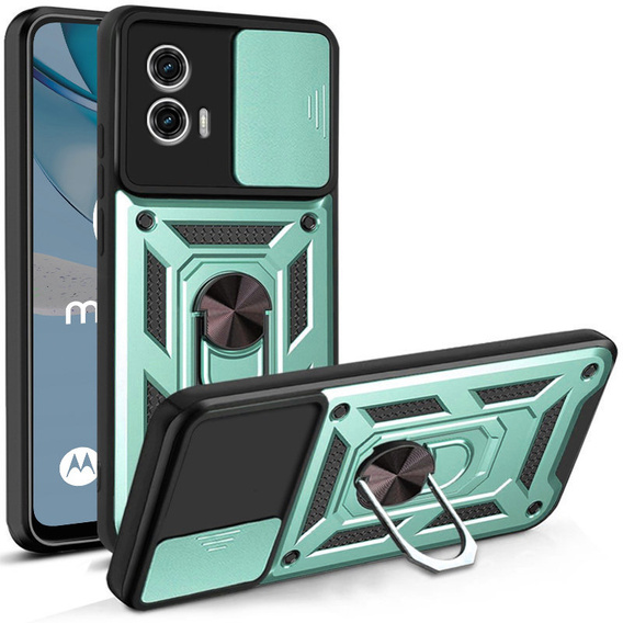 Zestaw Etui do Motorola Moto G53 5G pancerne, z ochroną aparatu i ringiem, zielone + szkło