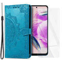 Zestaw Etui z klapką do Xiaomi Redmi Note 12S, Mandala, niebieskie + Szkło