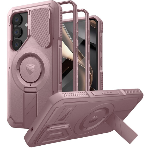 Etui pancerne do Samsung Galaxy S25, Dexnor CamProtect MagSafe, różowe (Dwie ramki)
