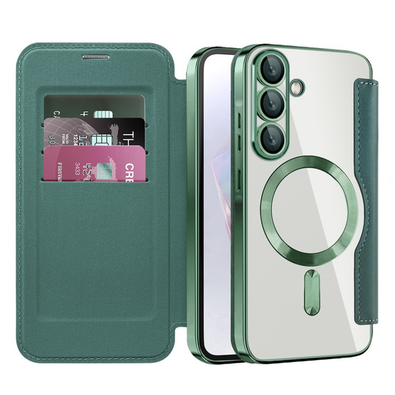 Etui z klapką do Samsung Galaxy A56 5G, RFID Wallet MagSafe z ochroną aparatu, zielone