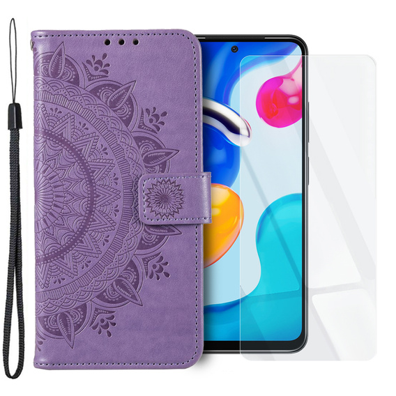 Zestaw Etui z klapką do Xiaomi Redmi Note 11/11S, Mandala, Fioletowe + szkło