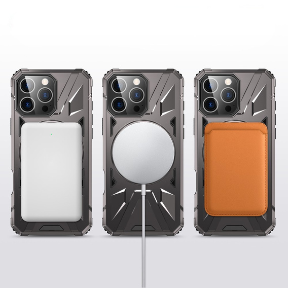 Etui do iPhone 16 Pro Max, pancerne z podstawką i blaszką do uchwytu, szare