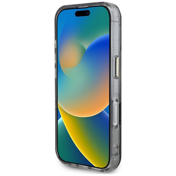 Etui GUESS do iPhone 16, IML Metal Glitter Flowers Triangle, do MagSafe, czarne