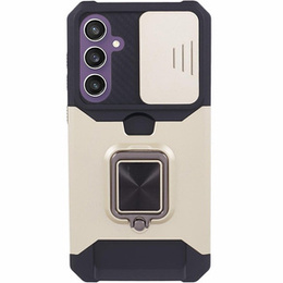 Etui pancerne do Samsung Galaxy S23 FE, Camera Slide Card Slot, złote + szkło 9H