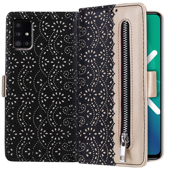 Etui z klapką do Samsung Galaxy A51 5G, Wallet Pocket Zipper Lace, czarne