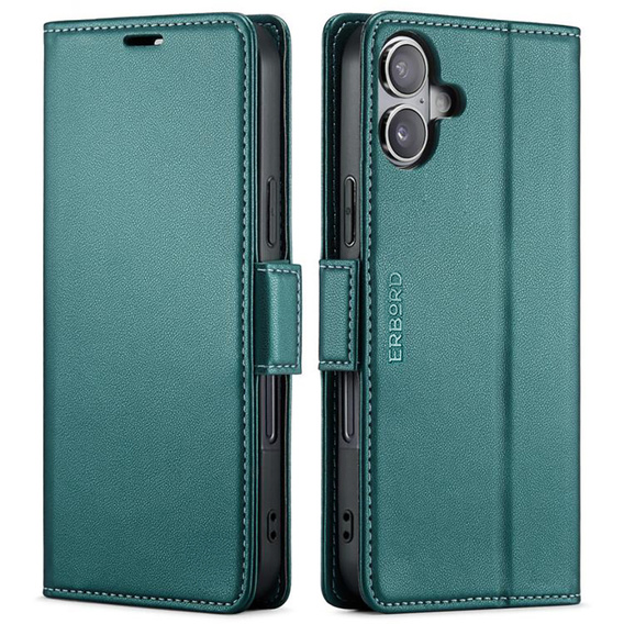 Etui do iPhone 17, ERBORD Glossy Litchi, portfel z klapką, zielone