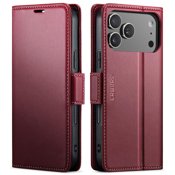 Etui do iPhone 17 Pro Max, ERBORD Glossy Litchi, portfel z klapką, czerwone