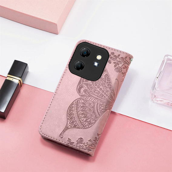 Etui z klapką do Infinix Hot 50i 4G, Butterfly, różowe rose gold