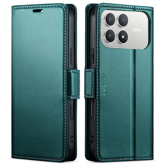 Etui do Xiaomi Poco F8 Pro, ERBORD Glossy Litchi, portfel z klapką, zielone