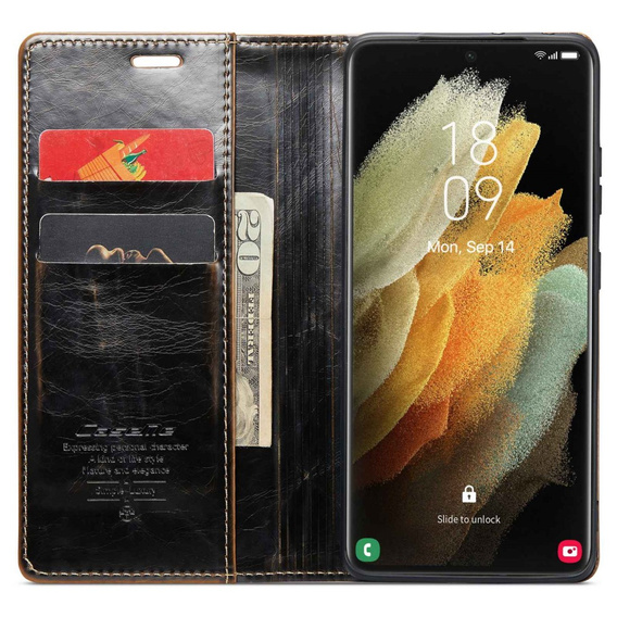 Etui z klapką CASEME do Samsung Galaxy S21 Ultra 5G, Waxy Textured, kawowe