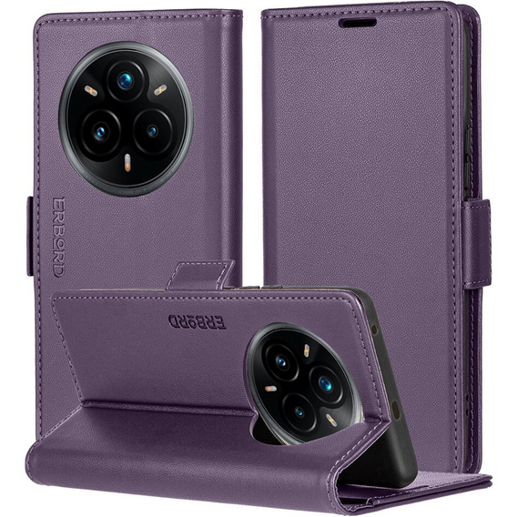 Etui do Realme 14 Pro+ 5G, ERBORD Glossy Litchi, portfel z klapką, fioletowe