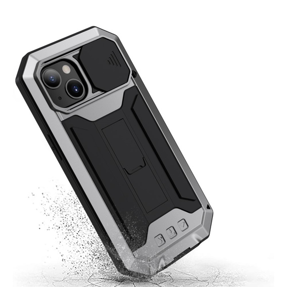Etui do iPhone 13 Mini, R-JUST CamShield Slide, pancerne, srebrne / czarne