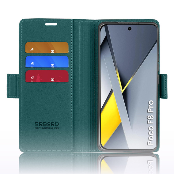 Etui do Xiaomi Poco F8 Pro, ERBORD Glossy Litchi, portfel z klapką, zielone