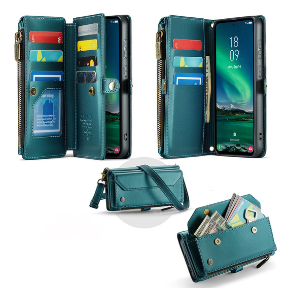 Etui CASEME do Samsung Galaxy S25 FE, RFID Leather Wallet, z paskiem na ramię, zielone