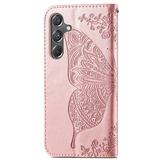 Etui z klapką do Samsung Galaxy A15, Butterfly, różowe rose gold + szkło 9H  