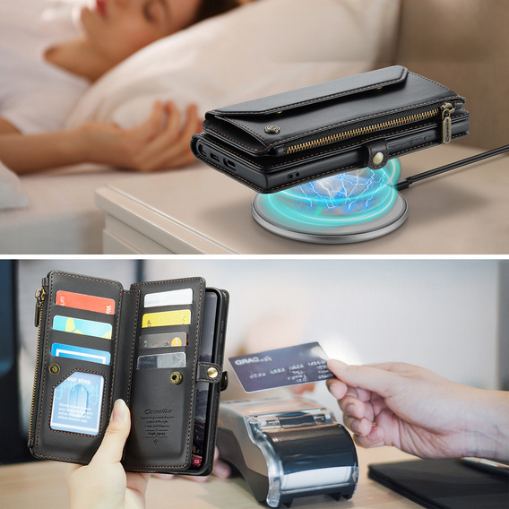 Etui CASEME do Samsung Galaxy S25 FE, RFID Leather Wallet, z paskiem na ramię, czarne