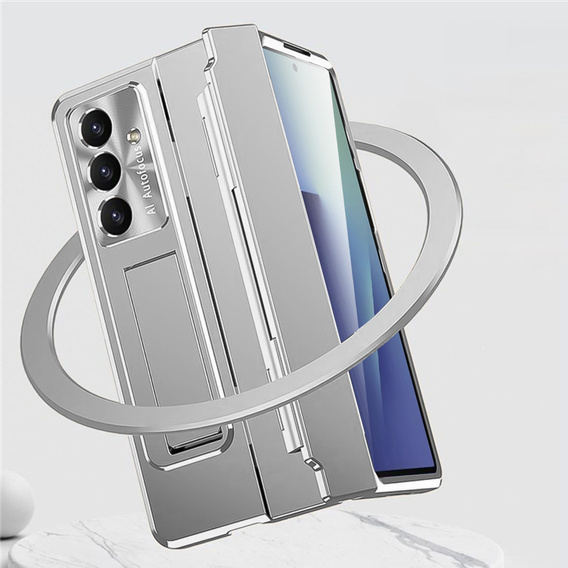 Etui z podstawką do Samsung Galaxy Z Fold7 5G, z ochroną zawiasu, szkłem i rysikiem - srebrne