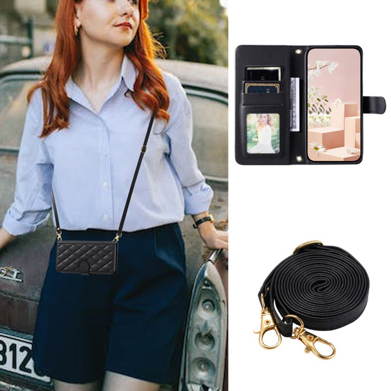 Etui z klapką do Xiaomi Redmi Note 13 Pro 4G, Rhombus Crossbody Leather, czarne