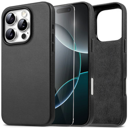 Etui skórzane do iPhone 16 Pro, ERBORD Leather MagSafe, czarne + Szkło na ekran