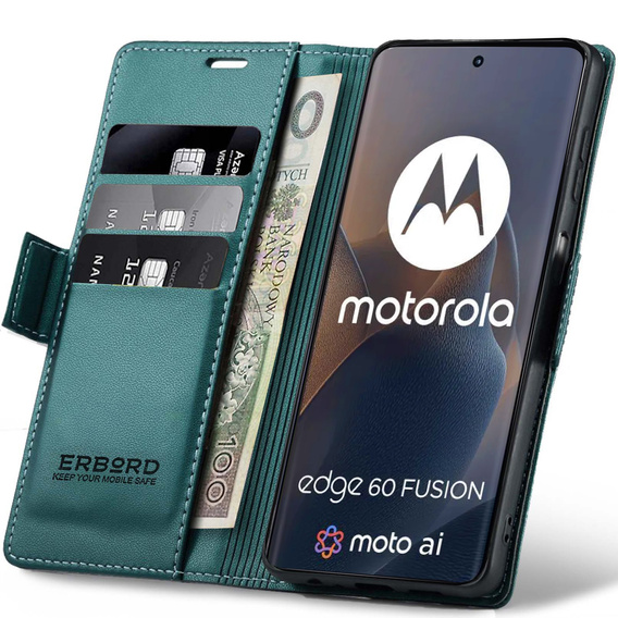 Etui do Motorola Edge 60 Fusion, ERBORD Glossy Litchi, portfel z klapką, zielone