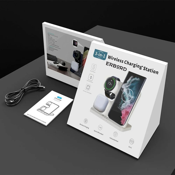 Ładowarka Bezprzewodowa Indukcyjna 3w1 QI Szybka do Samsung S25 S24 S23 Galaxy Watch Buds Stacja biała 