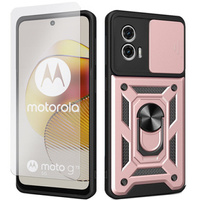 Zestaw Etui do Motorola Moto G73 5G pancerne, z ochroną aparatu i ringiem, różowe rose gold + szkło