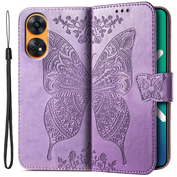 Zestaw Etui z klapką do Oppo Reno8 T, Motyl, Fioletowe + szkło