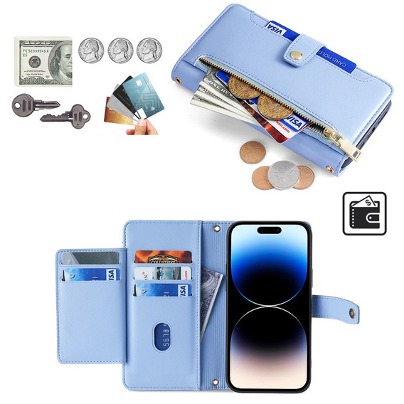 Etui z klapką do iPhone 14 Pro Max, Wallet Zipper Pocket, niebieskie