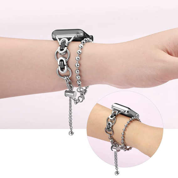 Kobieca bransoleta do Apple Watch 1/2/3/4/5/6/7/8/9/10/11/SE Ultra 1/2/3 42/44/45/46/49mm, Srebrna / Czarna