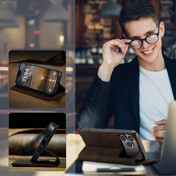 Etui do iPhone 17 Pro, ERBORD Vintage portfel z klapką, brązowe