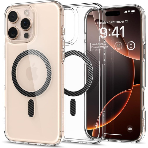 Etui z MagSafe Spigen do iPhone 16 Pro Max, Ultra Hybrid, przezroczyste + Szkło Hartowane 9H