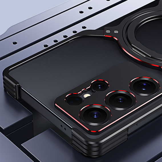 Etui do Samsung Galaxy S25 Ultra, Kickstand Bumper, z osłoną obiektywu, do MagSafe, czarne / czerwone
