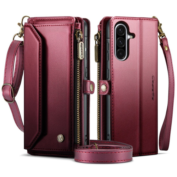 Etui CASEME do Samsung Galaxy A56 5G, RFID Leather Wallet, z paskiem na ramię, czerwone