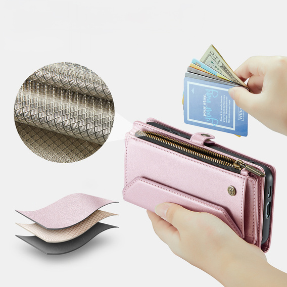 Etui CASEME do Samsung Galaxy S25 FE, RFID Leather Wallet, z paskiem na ramię, różowe