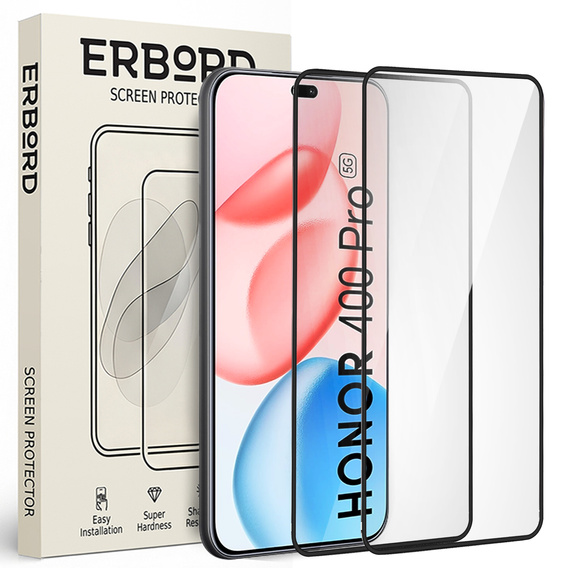 2x Szkło Hartowane do Honor 400 Pro 5G, ERBORD 3D pełne, szybka na cały ekran