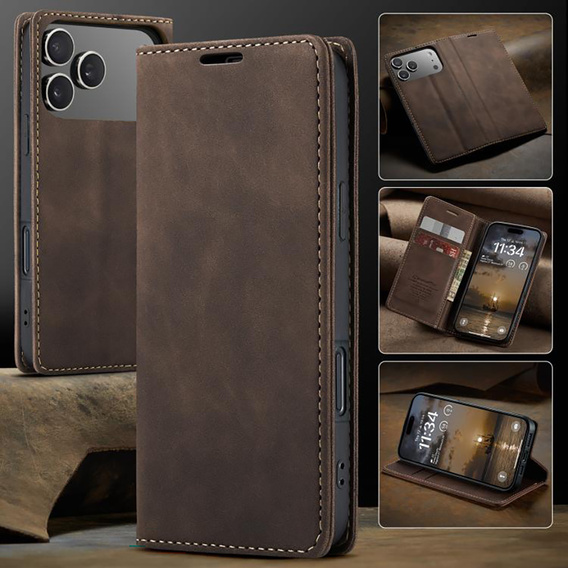 Etui do iPhone 17 Pro Max, ERBORD Vintage portfel z klapką, brązowe