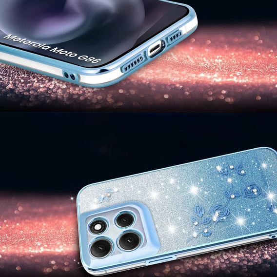 Etui do Motorola Moto G86 5G, Glitter Flower, niebieskie