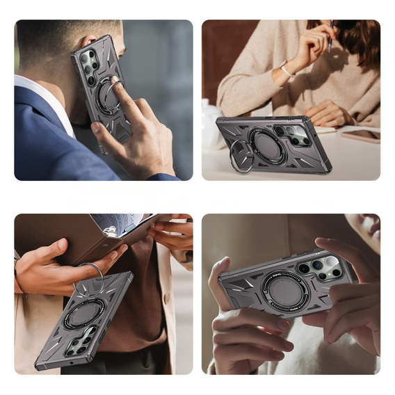 Etui do Samsung Galaxy S24 Ultra, pancerne z podstawką i blaszką do uchwytu, szare