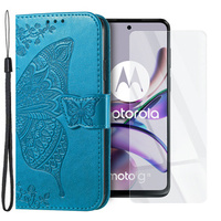 Zestaw Etui do Motorola Moto G23 4G / G13 4G, z klapką portfel, Motyl, Niebieskie + szkło