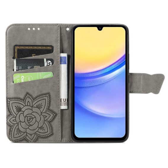 Etui z klapką do Samsung Galaxy A15, Butterfly, szare + szkło 9H