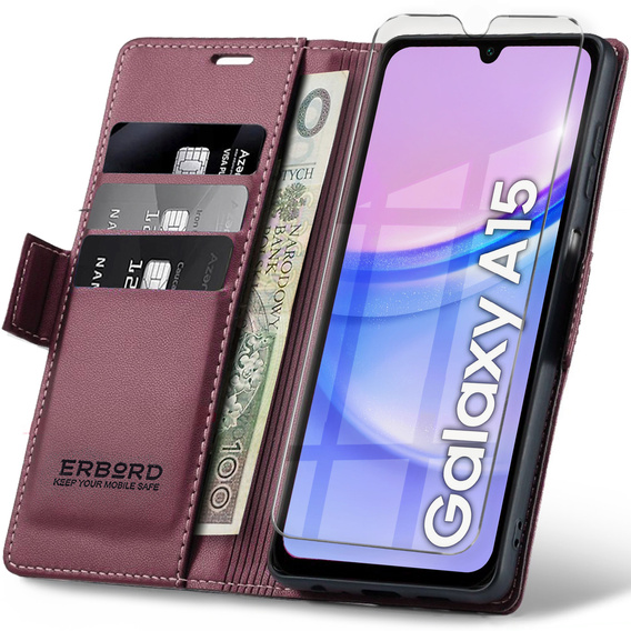 Etui do Samsung Galaxy A15 4G / 5G, ERBORD Glossy Litchi, portfel z klapką, czerwone + Szkło Hartowane 9H