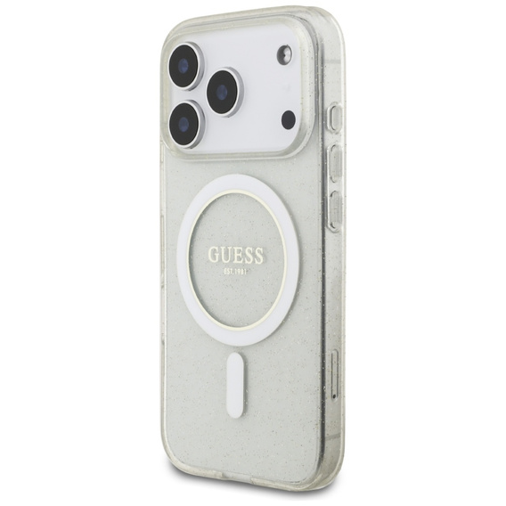 Etui GUESS do iPhone 17 Pro Max, IML Glitter Pearl Strap, do MagSafe, z paskiem, przezroczyste