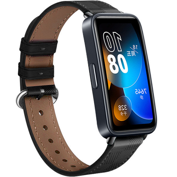 Pasek Skórzany do Huawei Band 10 / 9 / 8, z teksturą w kratkę, Czarny