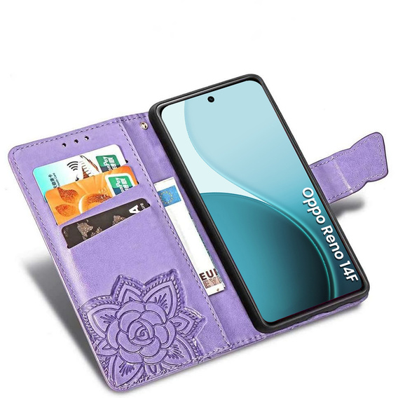 Etui z klapką do Oppo Reno 14 F / 14 FS, z wytłoczonym wzorem motyla, fioletowe
