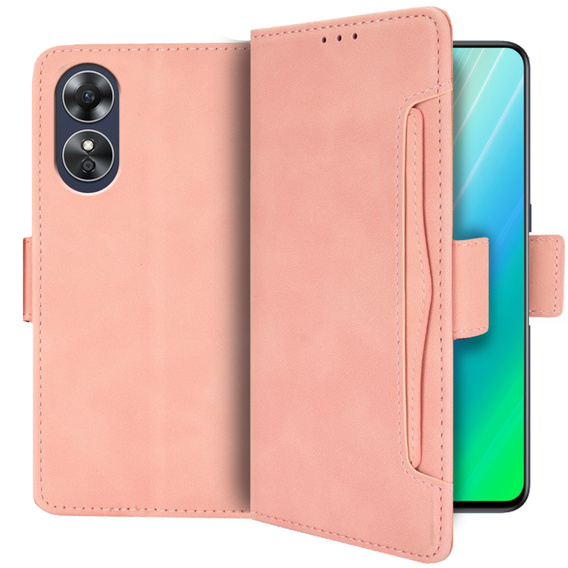 Zestaw Etui z klapką do Oppo A17, Card Slot, Różowe + Szkło 9H