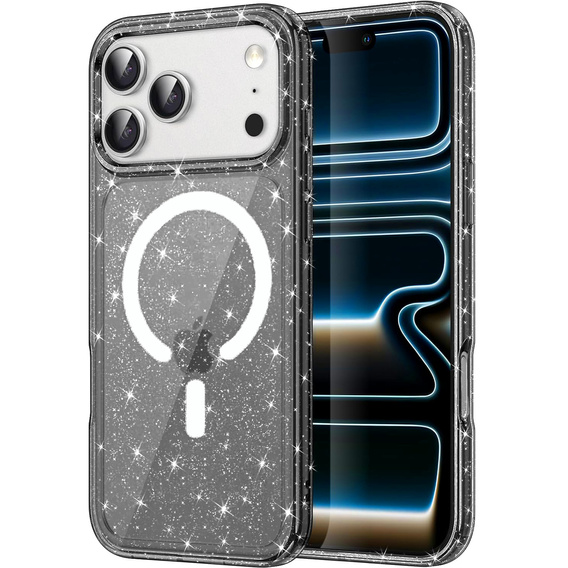 Etui do iPhone 17 Pro Max, do MagSafe, brokatowe, półprzezroczyste czarne