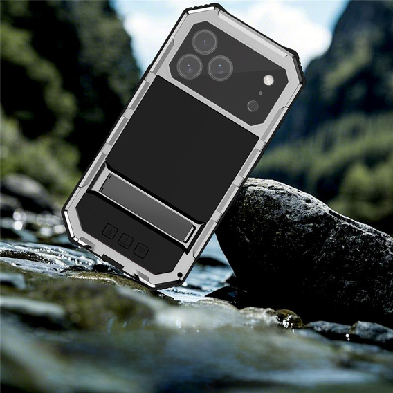 Etui pancerne do iPhone 17 Pro Max, R-JUST, z podstawką, srebrne