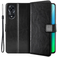 Zestaw Etui do Oppo A78 5G, portfel z klapką Crazy Horse, Czarne + Szkło